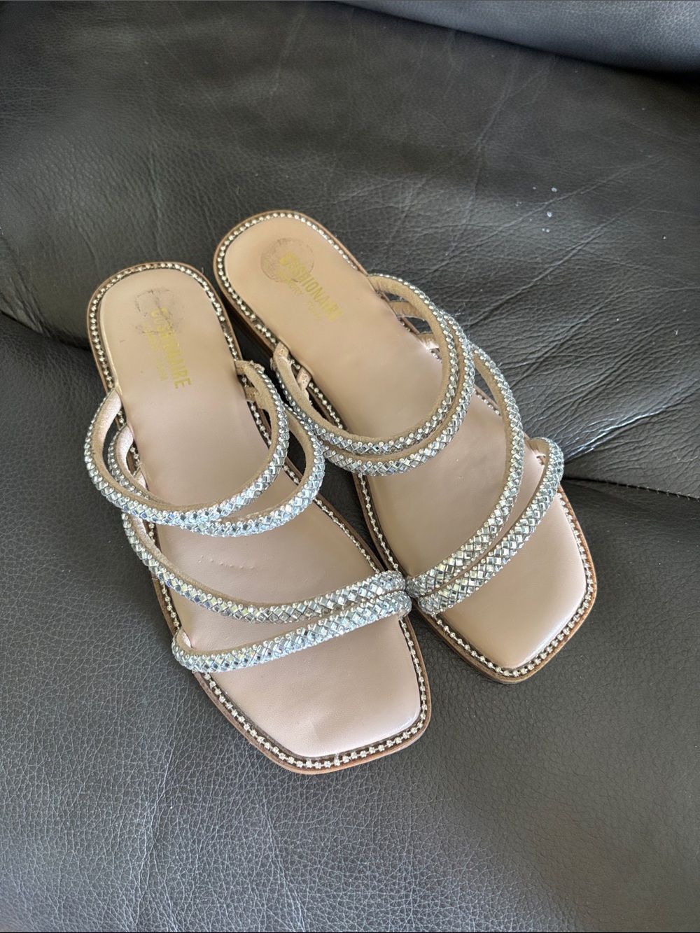 Rhinestone-Strap Nude Slide Sandals for Women